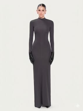 OW Collection CELIA Maxi Dress Gray Long Sleeve Mock Neck New size Small